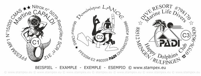 45mm Examples of scuba dive log book stamps